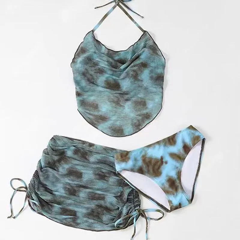 

Отдельный дизайн, женский костюм с галстуком, пляжный комплект бикини, гофрированные мини-юбки, укороченный топ с лямкой на шее, купальник, сексуальный комплект из трех предметов для матереи