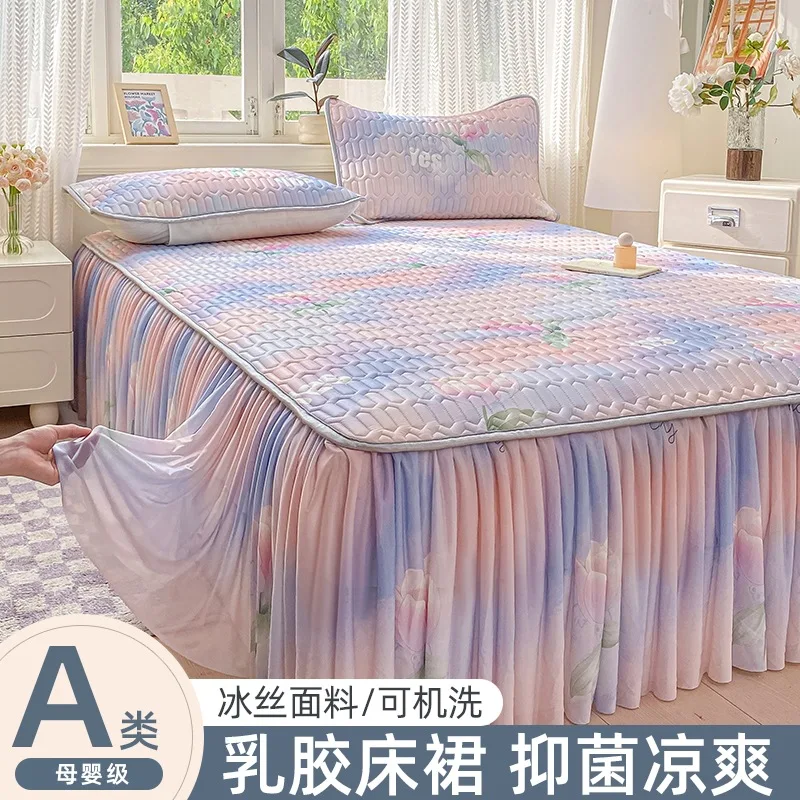 Bed Skirt Summer 3 Piece Printed New Chinese Bedding Sets, Single Full Wrap Bedspread on The Bed, Latex Cooling Soft Bed Sheet