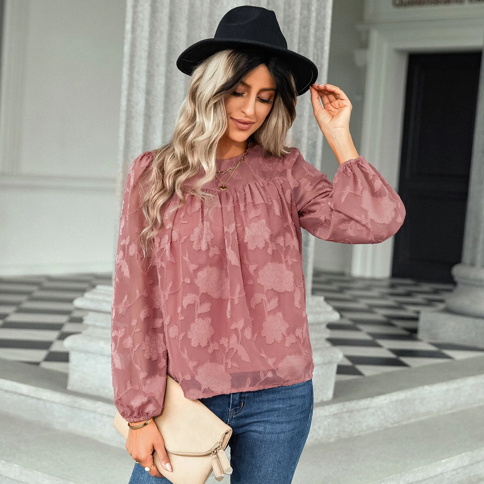 Women's Printed Casual Fashion Chic Daily Outwear Elegant Vacation Chiffon Shirt Round Neck Long Sleeve Shirt 2024 Fall Trends