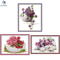 Colorful Eggs and Succulent Series Joy Sunday Flower Cross Stitch Kit Aida 14CT 11CT Count Canvas Embroidery Set Home Decoration