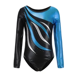 Kids Shiny Ballet Leotard for Girls Metallic Gymnastics Suit Long-Sleeve Bodysuit Diamond-Shaped Practice Performance Costumes