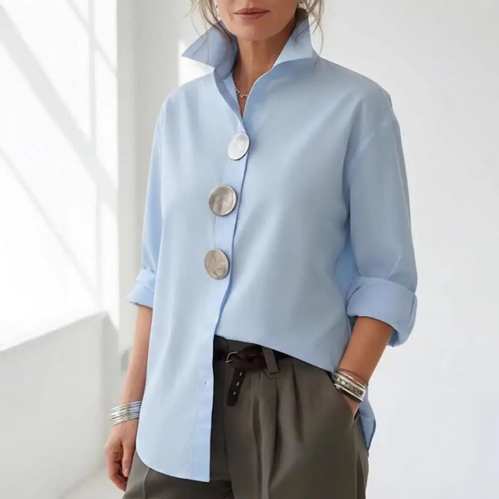 

Осенняя корейская рубашка с отложным воротником, длинным рукавом, свободного кроя, с металлическими пуговицами, однотонная, летняя блузка, повседневная женская одежда