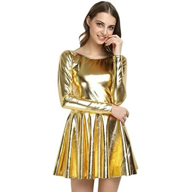 

Простое плиссированное платье больших размеров с длинными рукавами, женское платье с круглым вырезом, блестящий танцевальный костюм металлик, модный мини-платье трапециевидной формы Dr CQb;4.