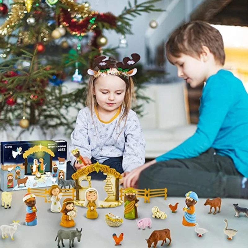 Jezus kerststal 24 minifiguren, heilige familie, magiërs, herder, engel, schapen, stal, dieren, hekken, harsmateriaal, voor