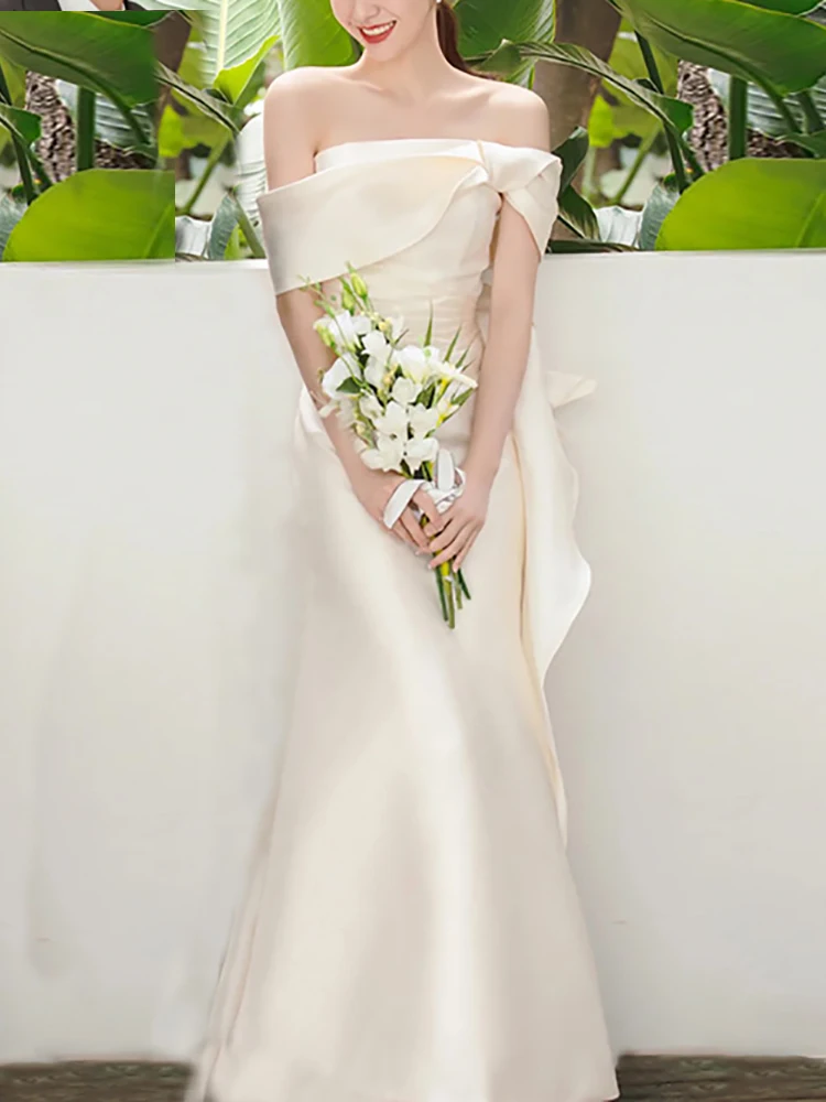

Атласное легкое свадебное платье с открытыми плечами, элегантное сказочное газовое платье для невесты, темпераментное белое вечернее платье для свадебной вечеринки