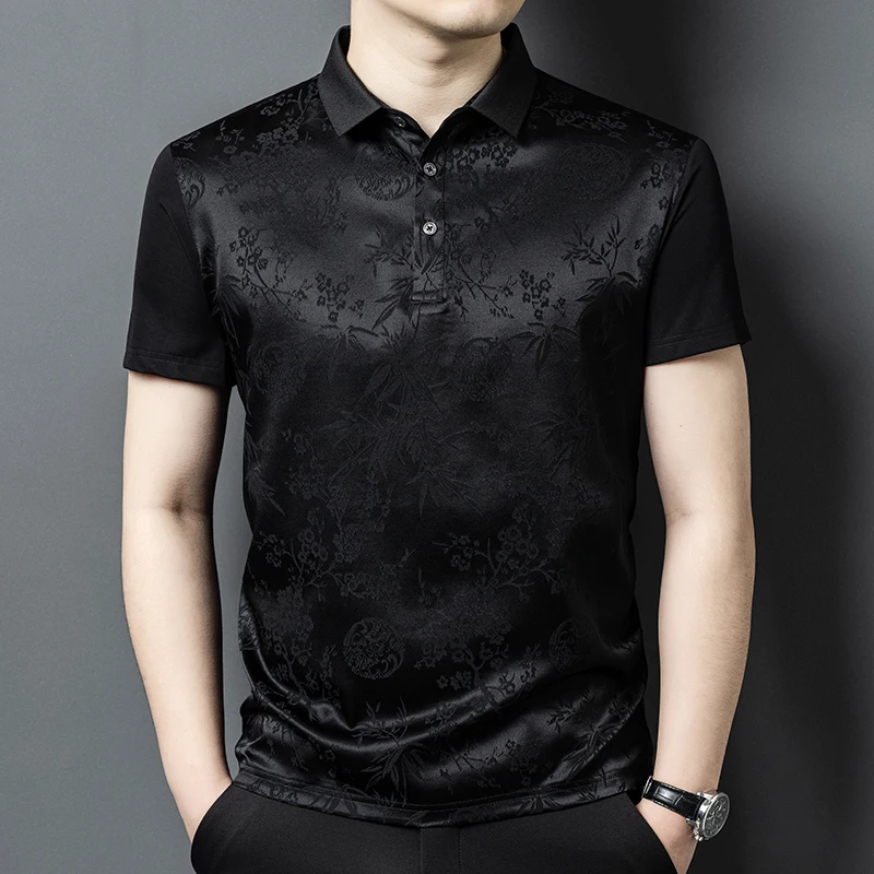 Coolness Breathable Polo Shirts For Men Short Sleeved Jacquard Summer Top Quality Silk Blends Soft Comfortable Camisas De Hombre