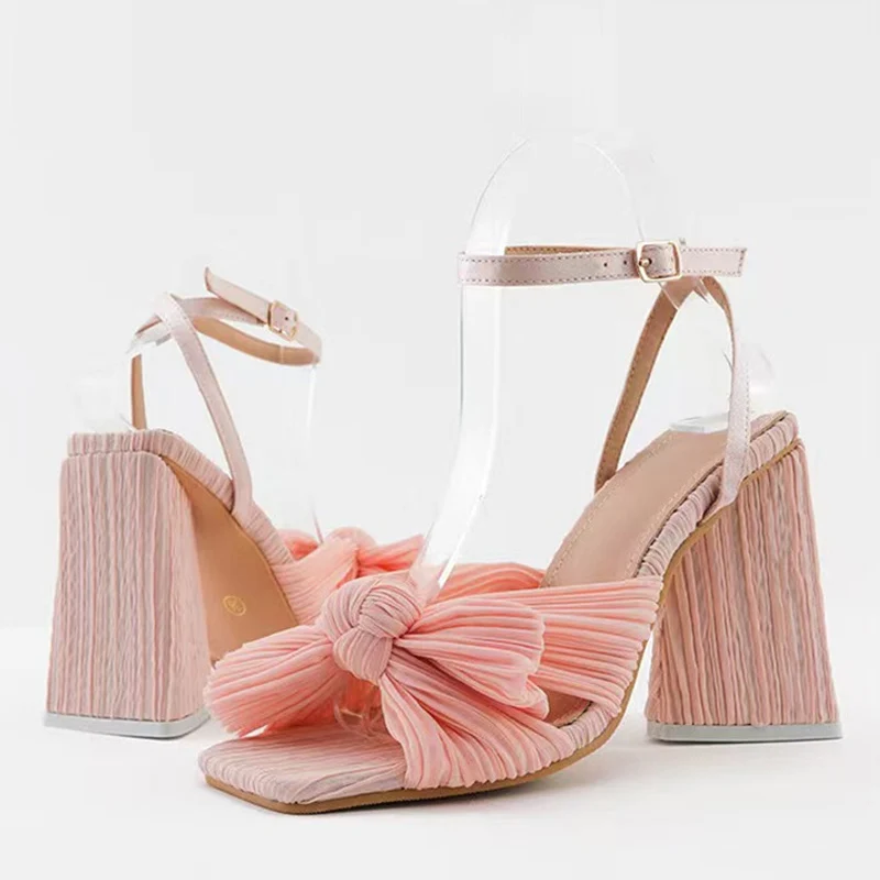 Liyke Size 44 45 46 Fashion Pleated Butterfly-Knot Womens Sandals Gladiator Peep Toe Buckle Strap Triangle High Heels Dress Shoe