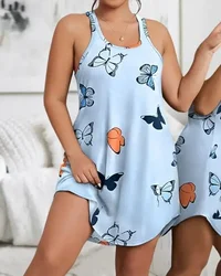 Huidvriendelijke en comfortabele loszittende nachtjapon dames 2024 zomer U-hals plus size vlinderprint mouwloze slaapjurk