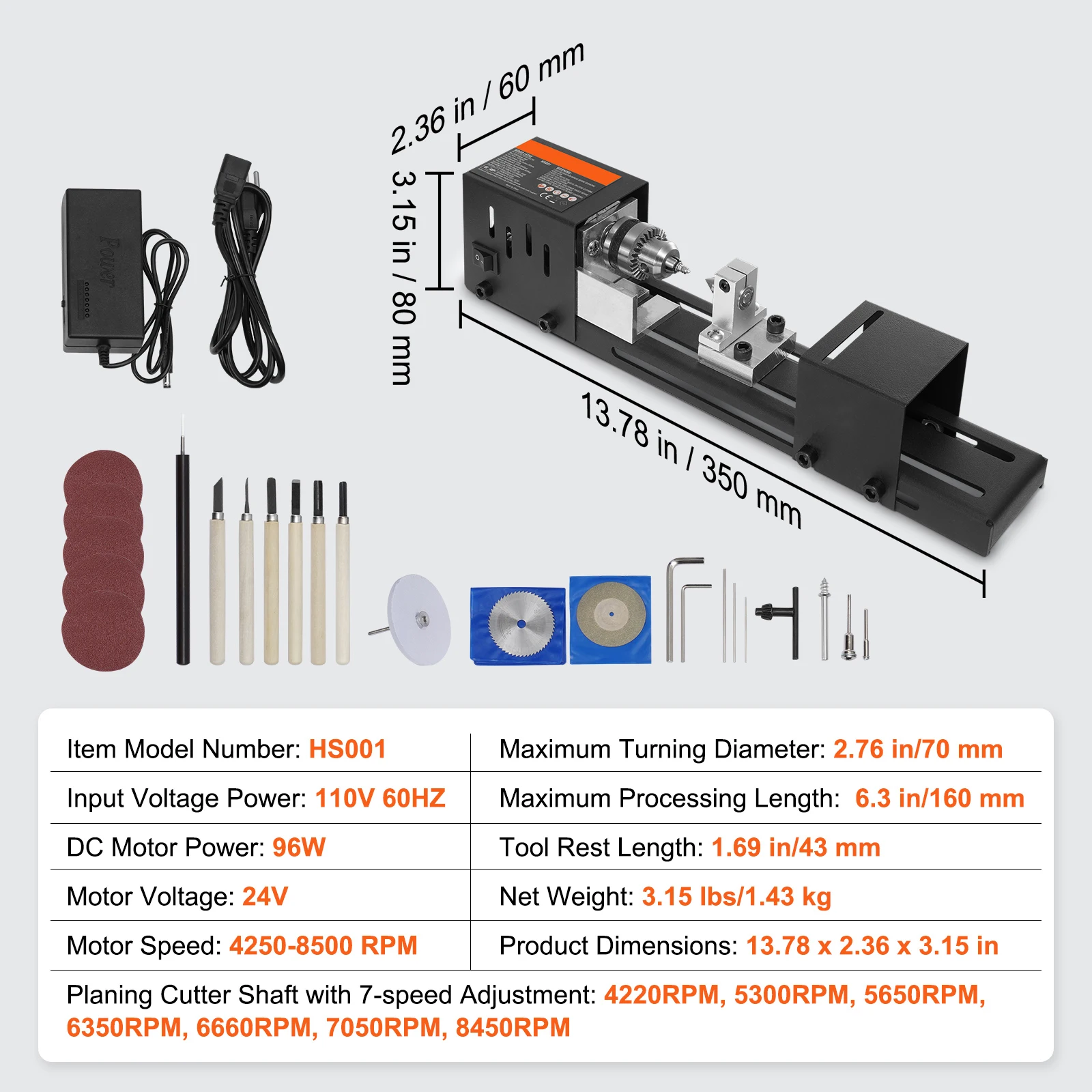SucceBuy Mini Hout Draaibank Machine 2.76inx6.3in 24VDC 96W Machine Accessoires 7 Speed s voor DIY Houtbewerking Houtboor Rotary Tool