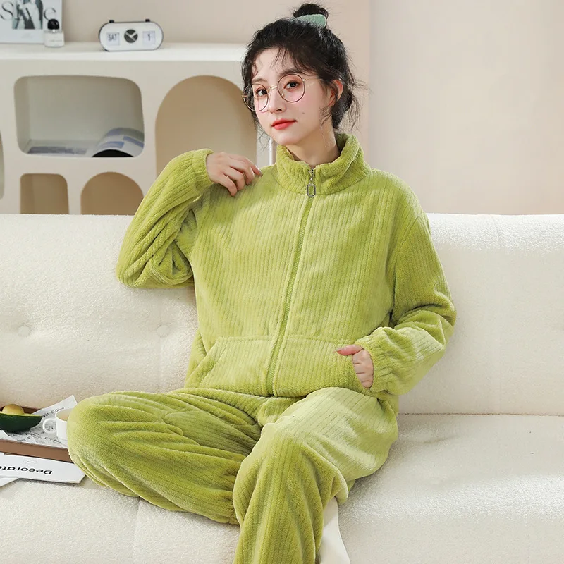 Loose Thickened Warm Home Clothes Sets Flannel Autumn Winter Long Pants Homewear Pajamas