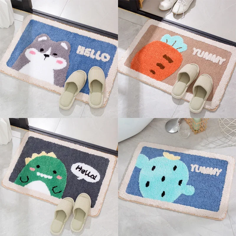 Cute Flocking Nordic Cartoon Entrance Doormat Flocking Cute Dog Dinosaur Rugs Absorbent Foot Door Mats Kitchen Bathroom Carpet