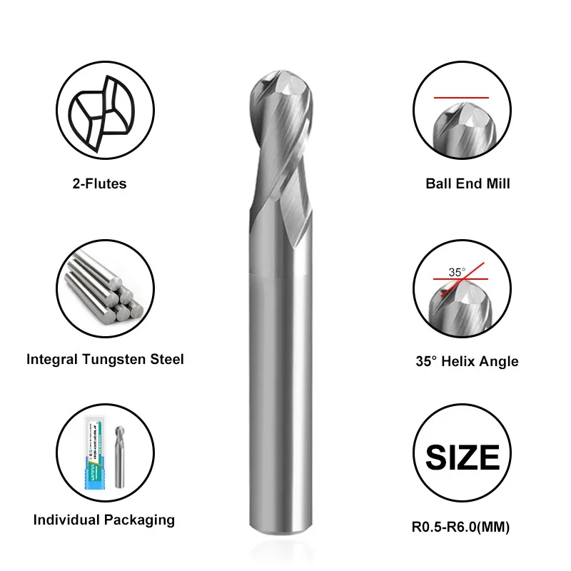 SHAZAM R0.5-R6.0mm11-Piece-Set Tungsten Steel Ball Nose Milling Cutter HRC50 2-Flute For Aluminum CNC Machining Endmills Tools