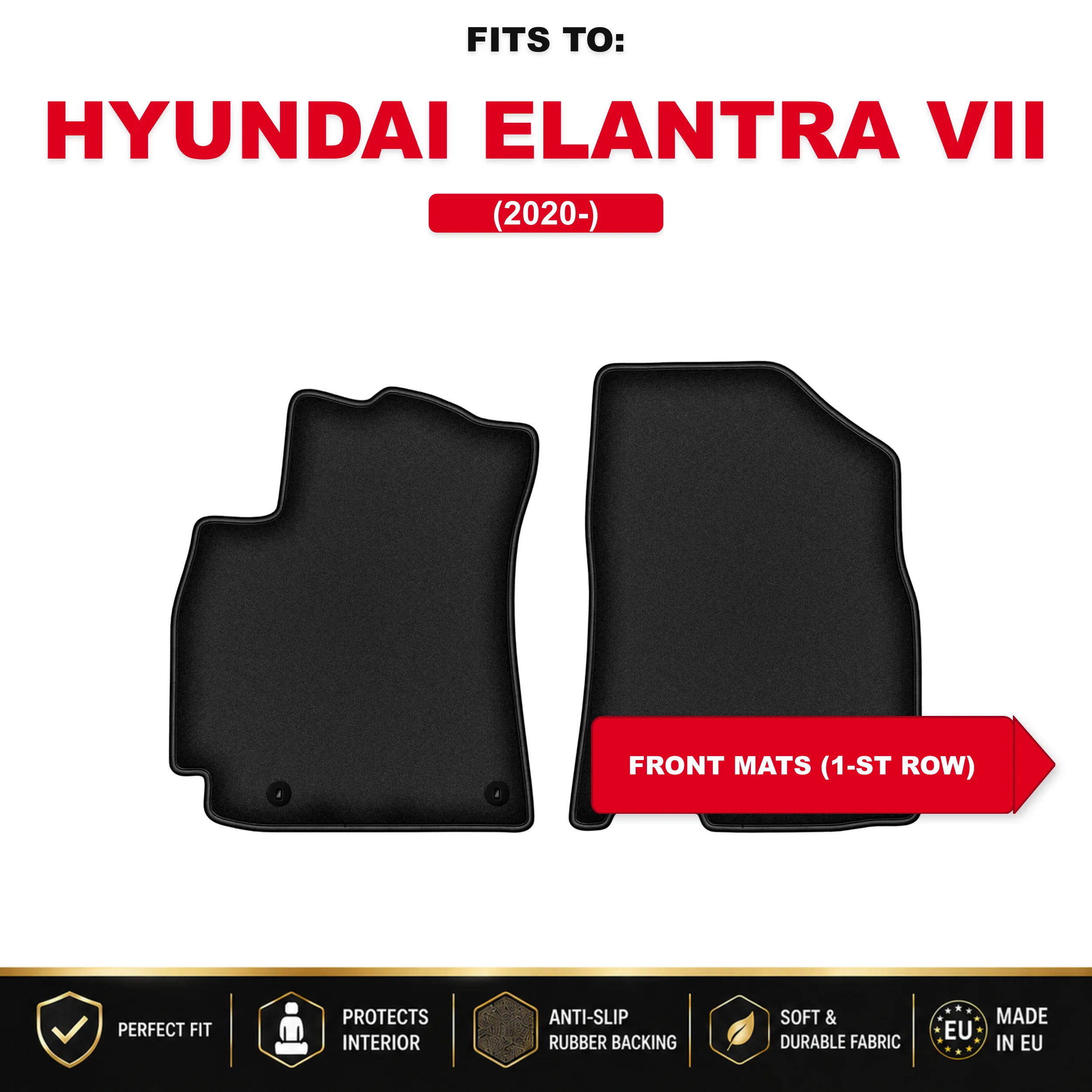 Voorste velours vloermatten, zwart, 2 stuks. Voor: Hyundai Elantra VII 2020 - een set autovloermatten voor de voorkant van het voertuig