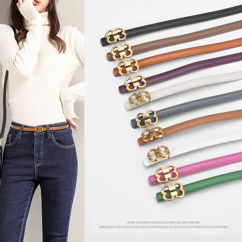 

Internet Celebrity Thin Belt Women's Leather Buckle Casual Flower Decoration Versatile Dress Pants Belt Women's Cross-Border