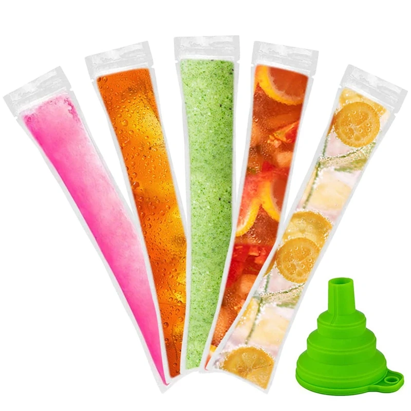 Disposable Popsicle Bags 120Pcs Freezer Tubes Ice Bags with Funnel and Ice Sleeves for Juice Ice Candy Pops Fruit