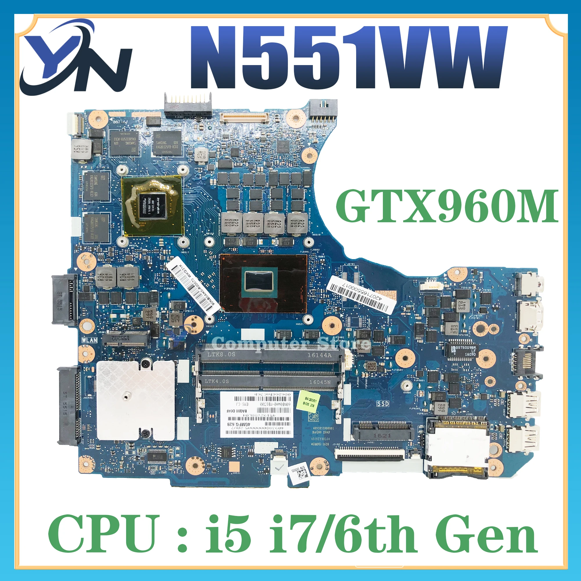 N551VW Notebook Mainboard For ASUS G551V G551VW FX551V FX551VW N551V G58V REV2.0 Laptop Motherboard I5-6300HQ I7-6700HQ GTX960M