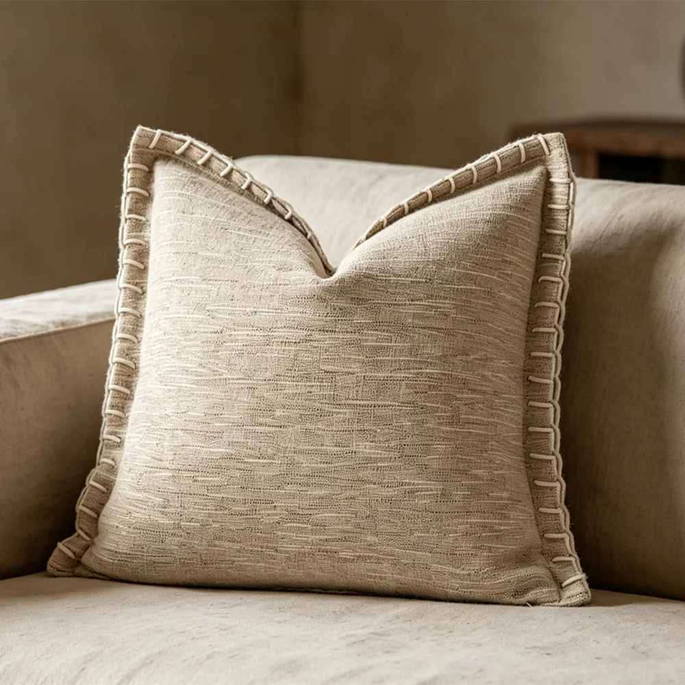 Luxury Hand crochet Edging Linen Pillow Cover Solid Texture 45x45cm Living Room Sofa Cushion Modern 1 Piece Pack