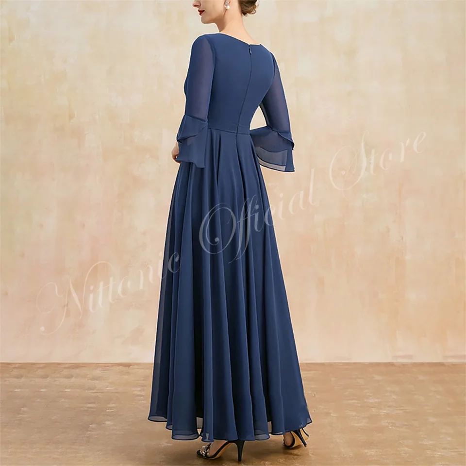 Long Beads Mother of the Bride Dress Chiffon V-Neck Ankle-Length A-Line Wedding Guest Party for Women 2023 Formal Evening Gala