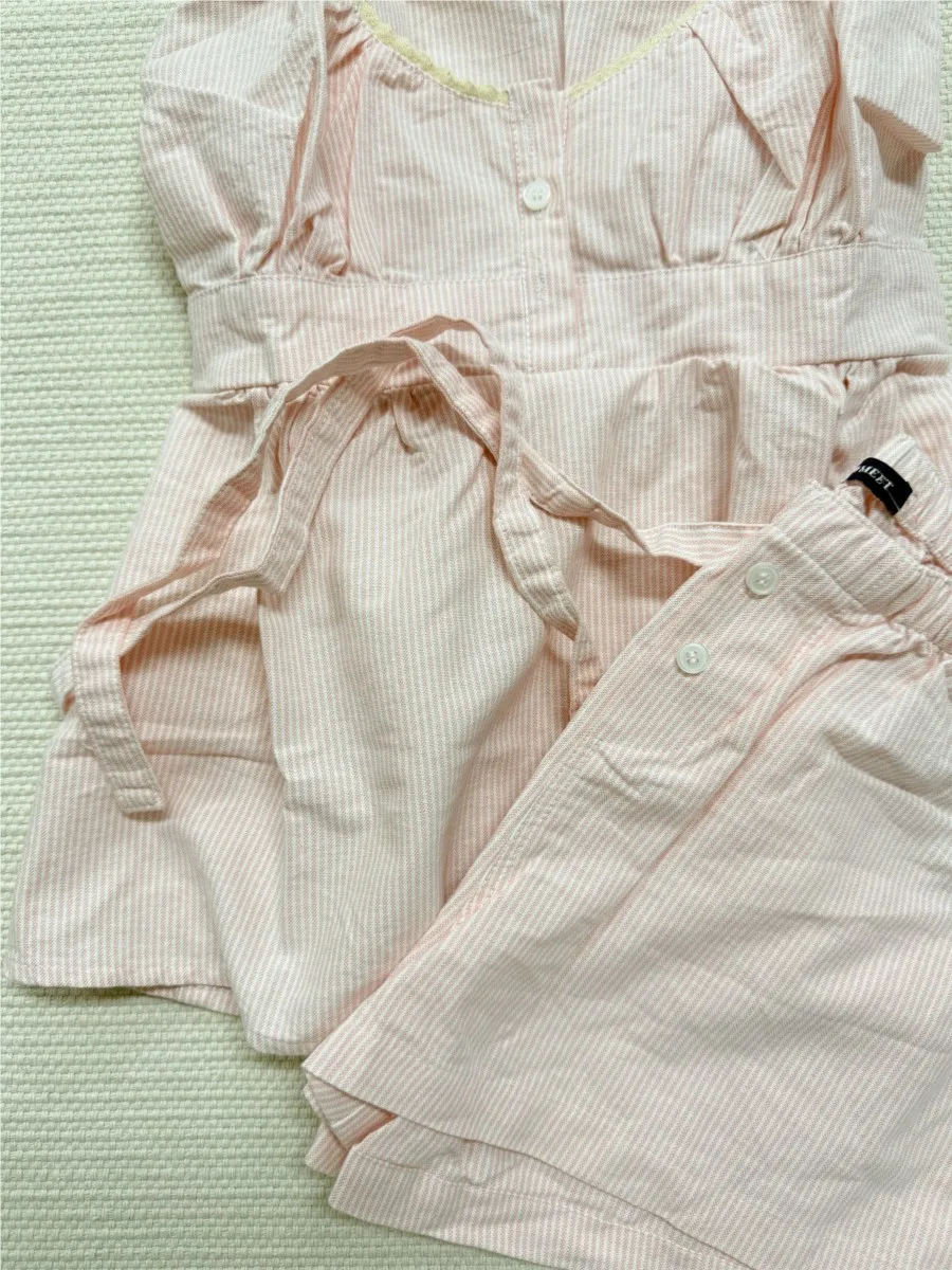 Pink Striped Lace Trim Tank Shorts Set Suit Women New Button Camisole +Elastic Waist Short Pant Sweet Cute Home 2 Piece Sets Y2K view 3