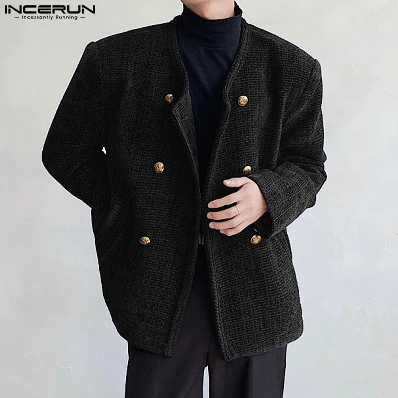 INCERUN Men Autumn Winter Coat Long Sleeve Crew Neck Vintage Style Textured Double Breasted Jacket Fashion Outwear Male Clothing