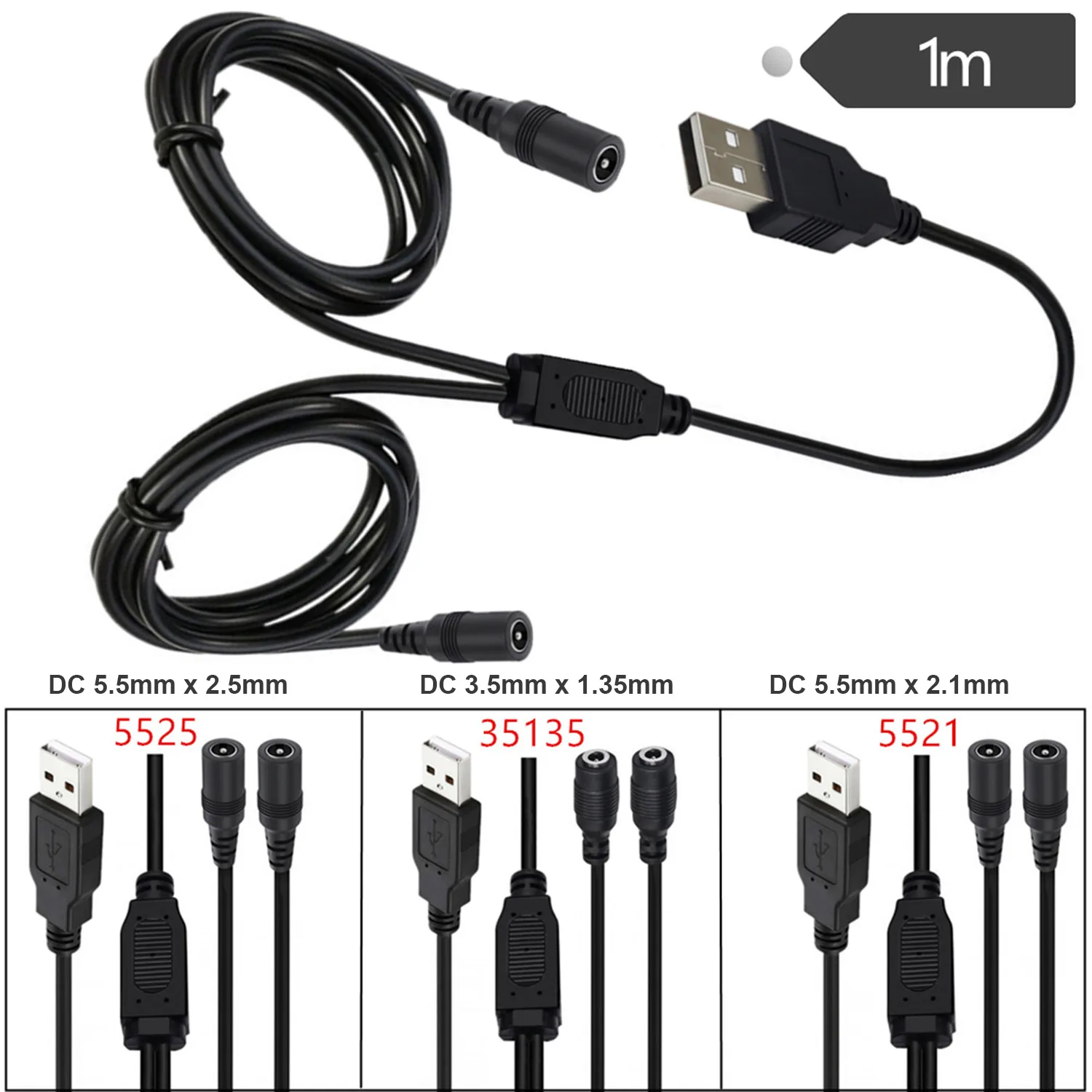 

1M USB to Dual DC Power Cable 5V 3A 5521/5525/35135 Interfaces Dual Charging Y Splitter LED Lights Camera Sensor Router Home
