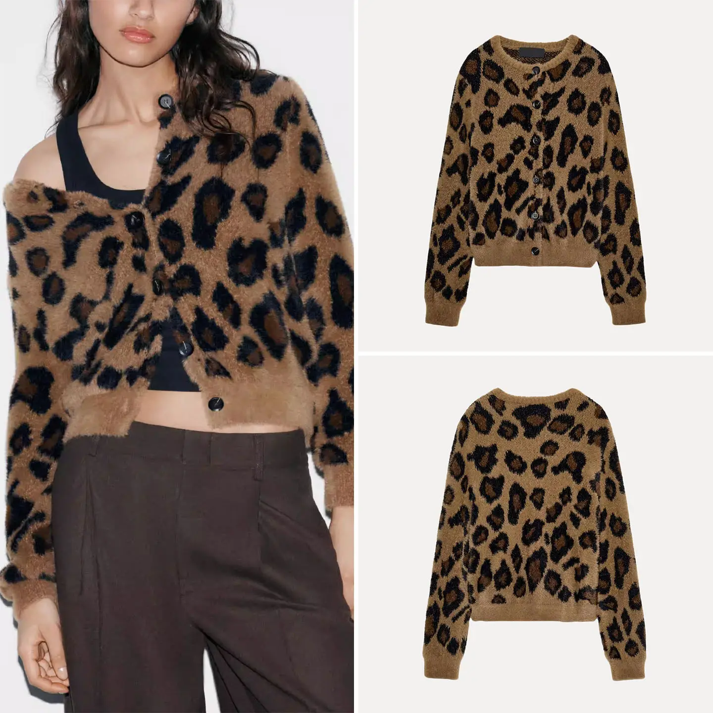 Z Women's Faion Simple Long Sve round Ne Leopard Print Knitted Sweater Commute Sle Winter Collection 2025