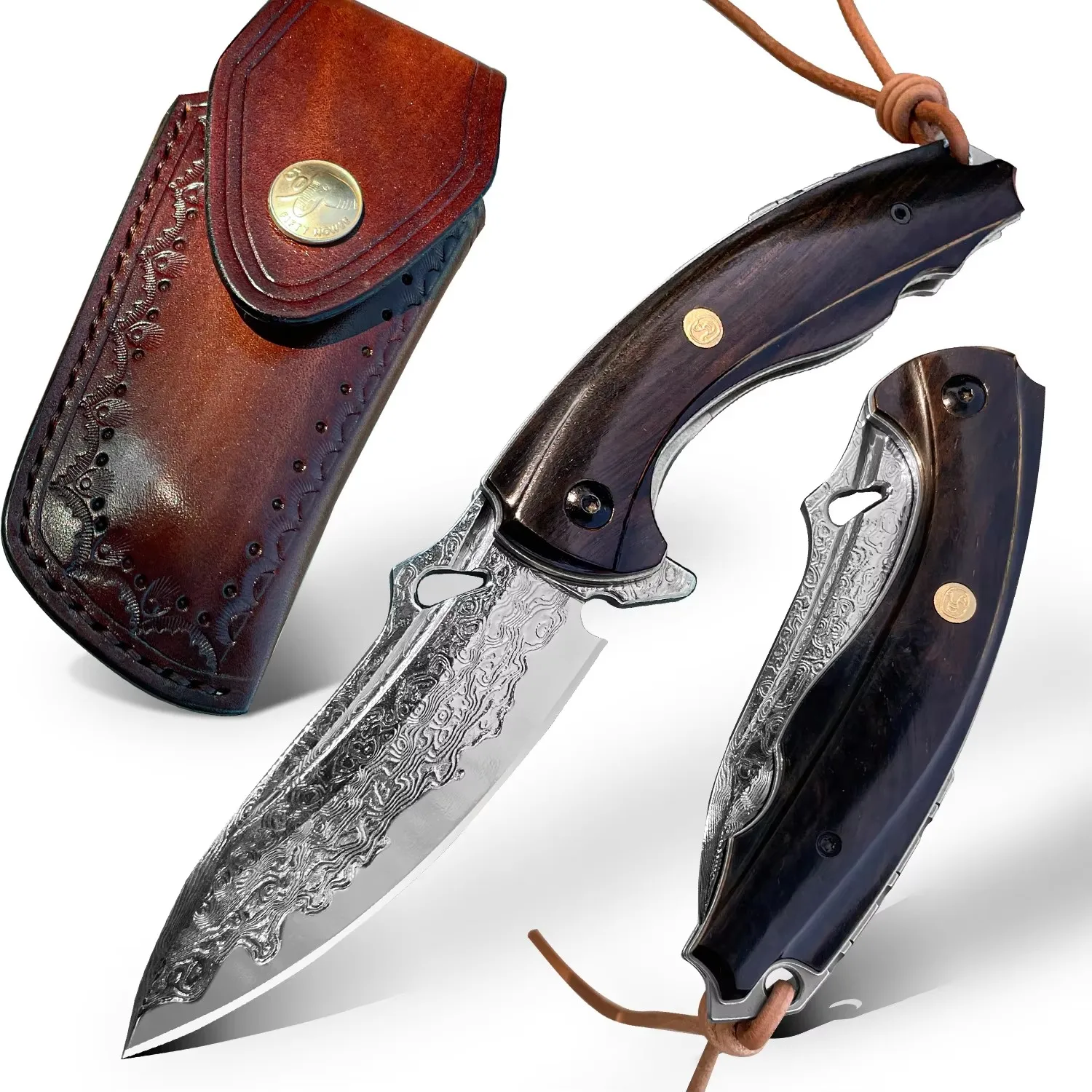 NEWOOTZ Damascus Steel EDC Self-defense Knife Outdoor Survival Camping Portable Folding Knife Can be Collected