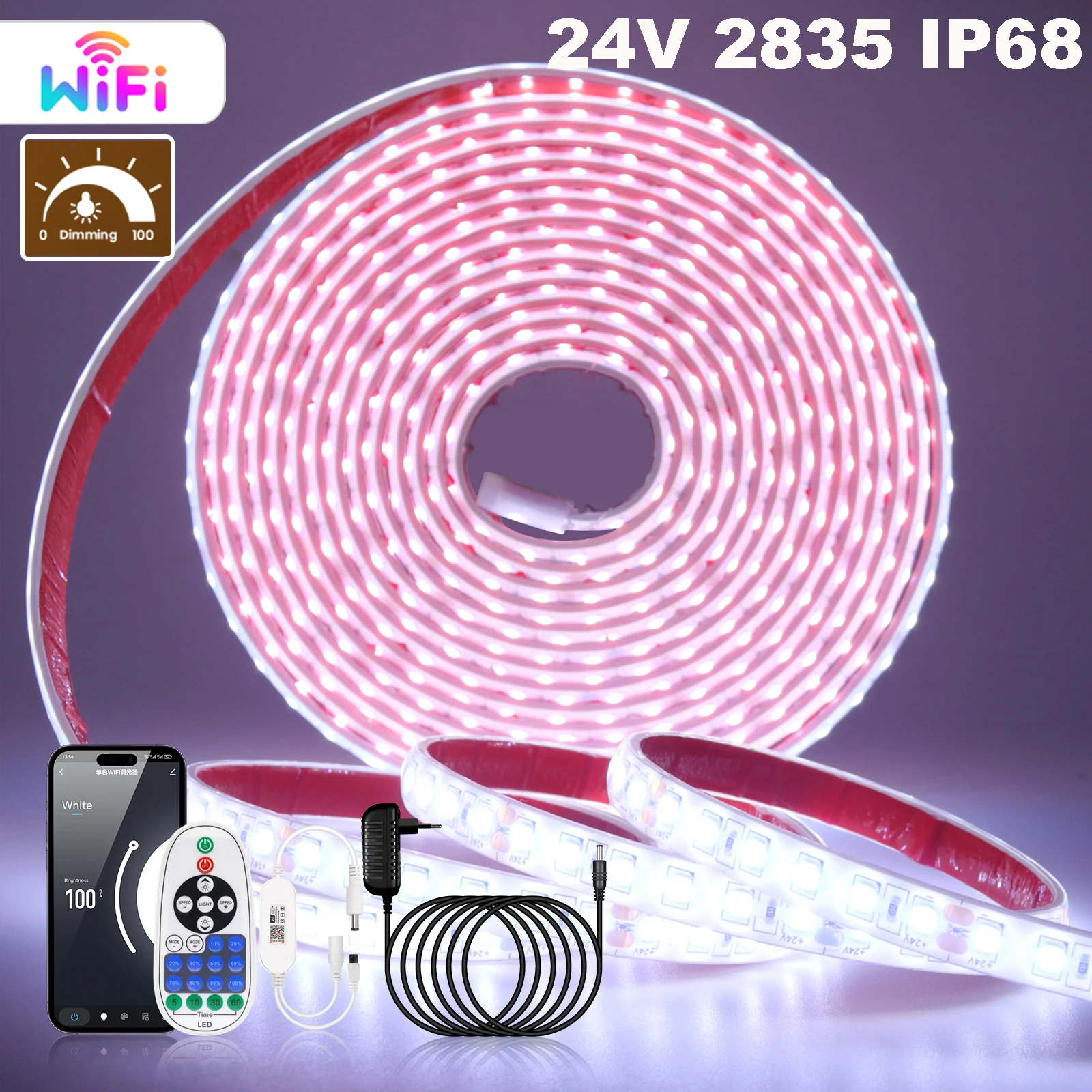 WiFi Dimmable IP68 Waterproof DC24V LED Strip Light 2835 120LEDs/m Warm Natural White Red Blue Green Pink Yellow Flexible Tape