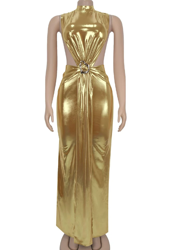 ชุดเดรสวันเกิดสุดหรูของคริสซีน ชุดเดรสปาร์ตี้หนังเมทัลลิกแบบเว้าคอเก๋ไก๋ ชุดคลับแวร์เซ็กซี่ ชุดคริสต์มาส