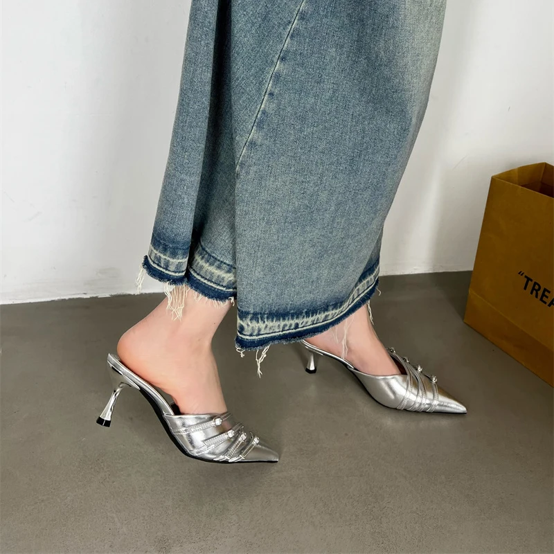 

Silver High Heels Slippers Black Belt Buckle Pointed Toe Leisure Shoes With Heels Women Outdoor Slippers Zapitilla De Mujer