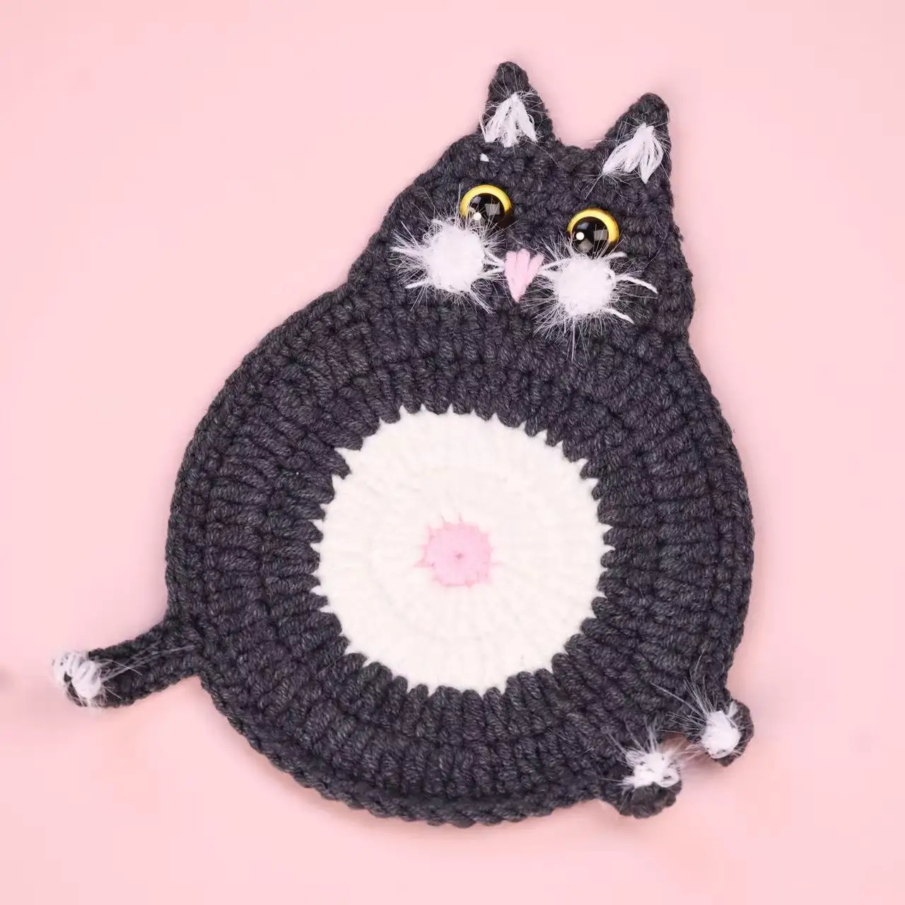 Kreative Häkel-Katzen-Tasse, handgefertigte gestrickte Tier-Kaffeekissen, niedliche Katzen-Tassenunterlage, Schreibtischdeko – Detail 2