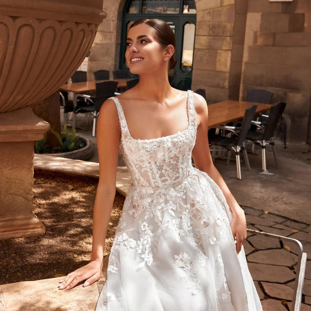 Customized  Exquisite Side Slit Wedding Dresses with Square Collar Sleeveless Bridal Gowns Women New Summer Vestido De Novia