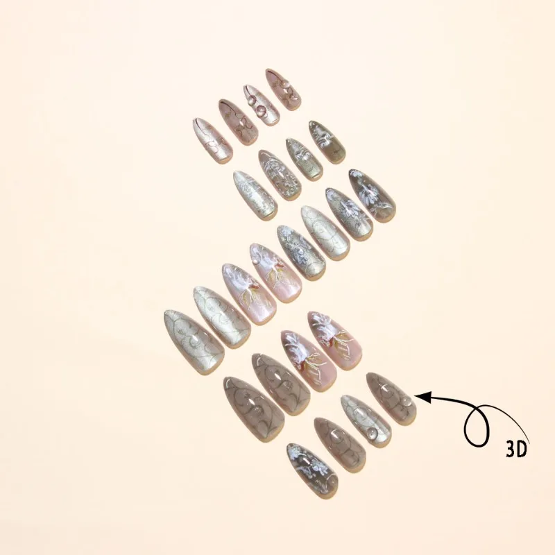 24pcs Press on Nails Long Almond Cat Eye Matcha Green Ink Floral False Nails Elegant Cold Manicure for Daily Party Dating