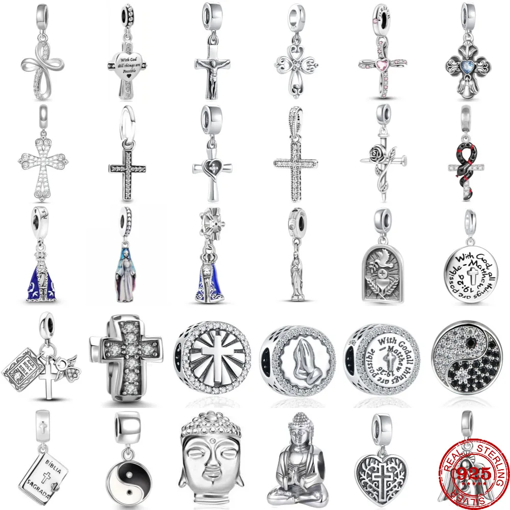 Nuevo Abalorios de Buda con cruz de Cristo Chapado en Plata de Ley 925, cuentas colgantes DIY, pulsera colgante Original, joyería de moda