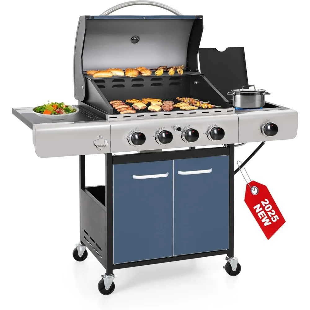 

4 Burner BBQ Propane Gas Grill with Side Burner & Porcelain-Enameled Cast Iron Grates, 545 SQIN Grilling