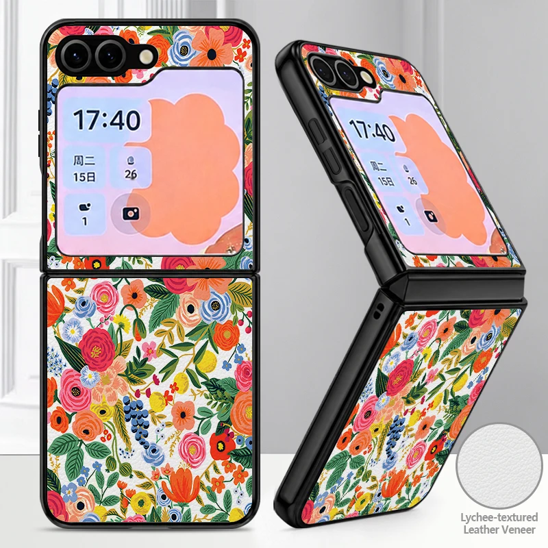 Colored Flower Print PU Leather Phone Case For Samsung Galaxy Z Flip 8 7 FE 6 5 4 3 5G Hard PC Folding Cover For Galaxy Z Flip8