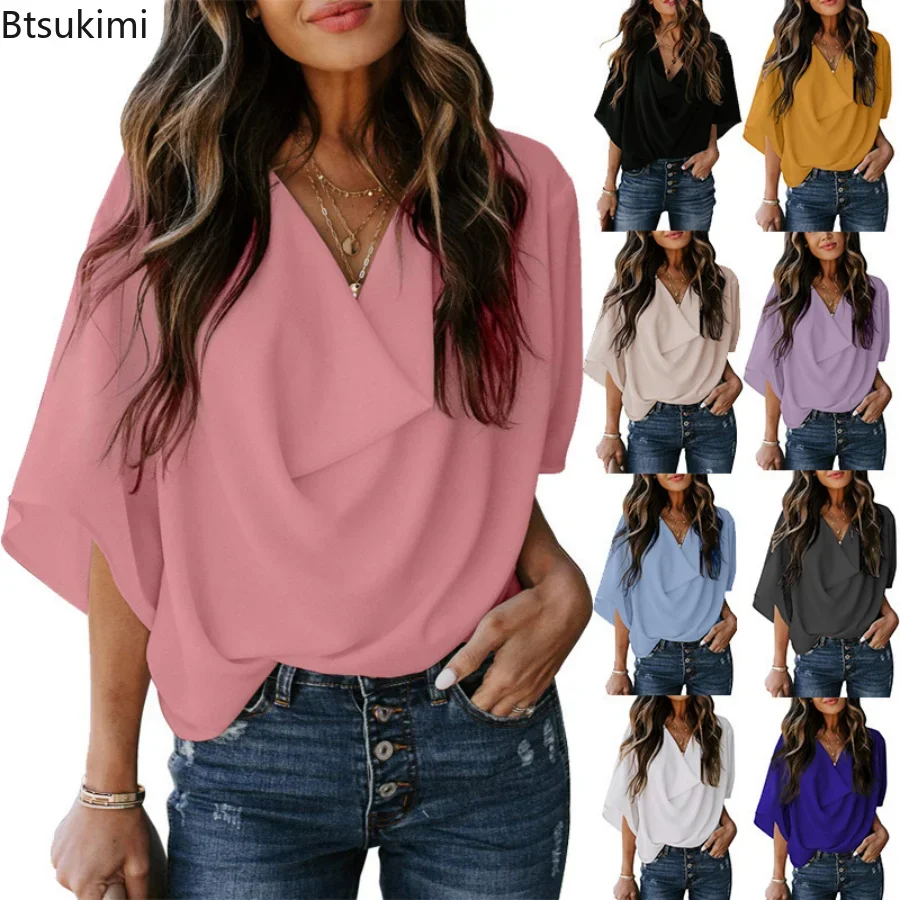 

2024 Spring Summer Casual Chiffon Blouse Shirt Women V-neck Blouse Femme Half Sleeve Solid Womens Tops And Blouses Shirts Top