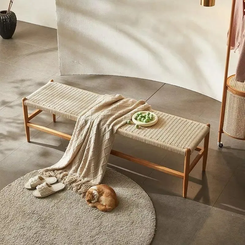 Solid Wood Bedside Stool Simple Modern Rope Dining Stool for Bedroom Living Room Sofa Footrest Accent Chair Home Decor