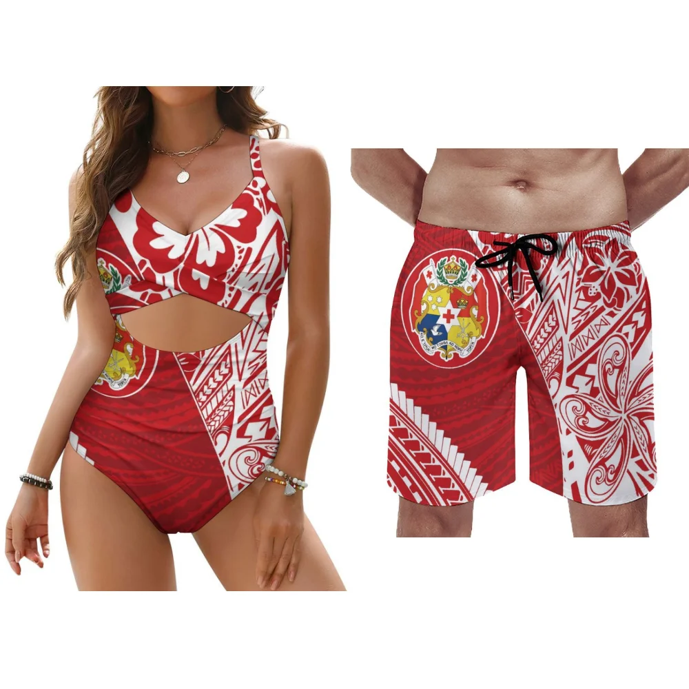 Polynesian Custom Beach คู่ลูกไม้ชุดบิกินี่ผู้ชายกางเกงว่ายน้ําผู้หญิง Push Up ชุดว่ายน้ําฤดูร้อนวันหยุด