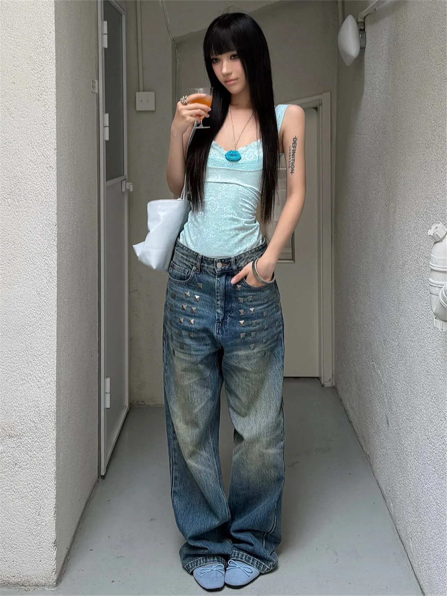 

American Style Vintage Low Waist Wide Leg Jeans Women Loose Slimming Floor Length Straight Cut Pants Dance Summer Cotton