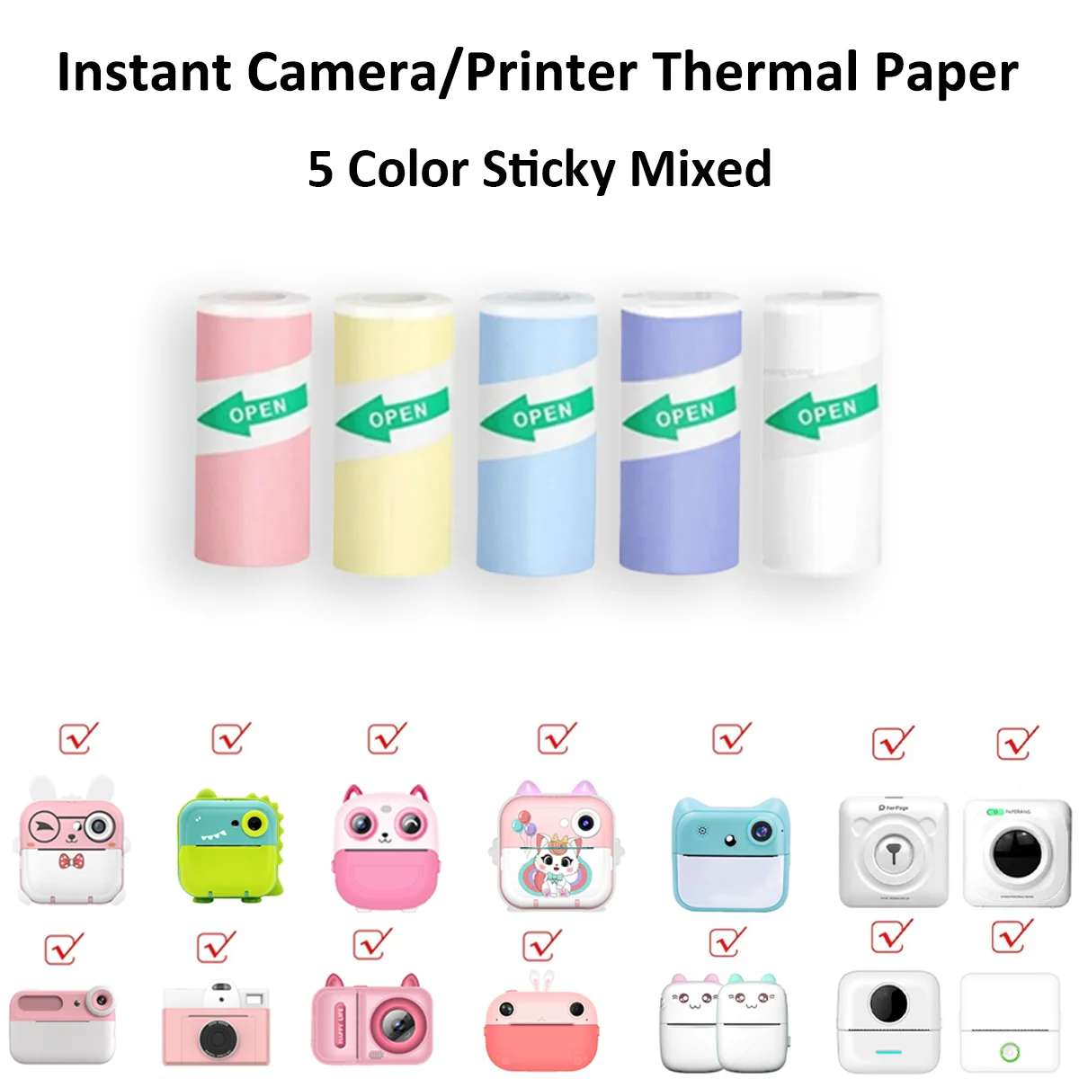 57x25mm 5-Color Self-Adhesive Thermal Paper - BPA-Free Safe for Kids Instant Camera/Portable Printers, Photo Crafts/Home Labels
