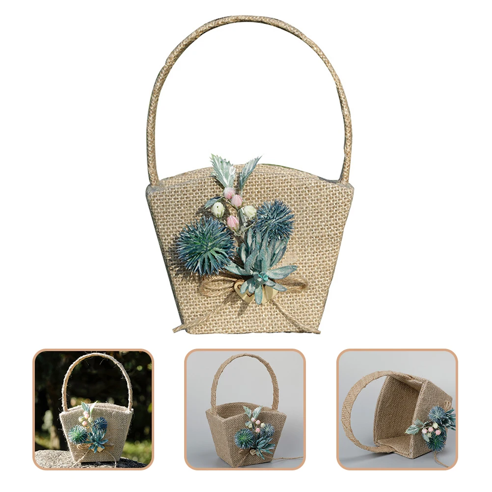 

H held Linen Flower Basket Storage for Fruits Gifts Weddings Parties Rustic Bridal Petal Baskets Home Use Container