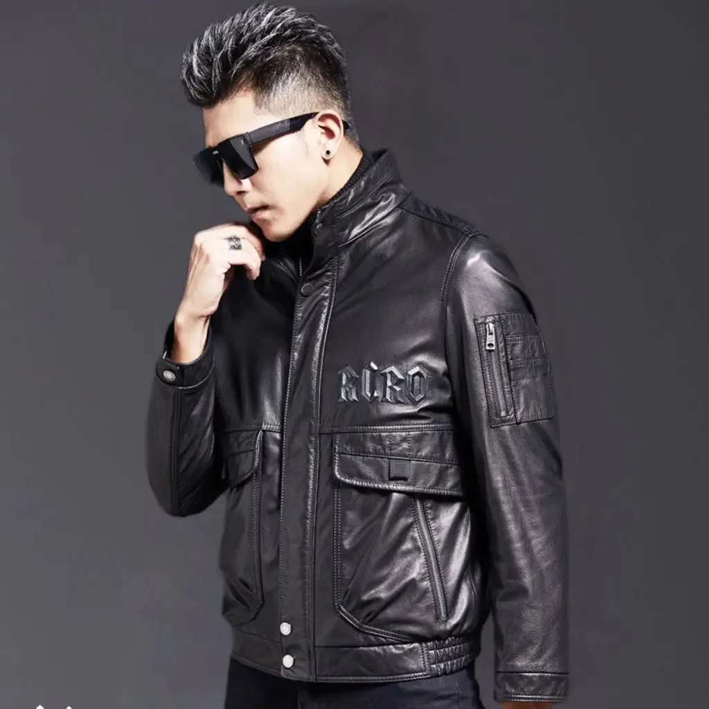 Men's Genuine Leather Jacket Biker Motorcycle Wear Short Standing Collar Oil Wax Men Sheepskin Man Coat