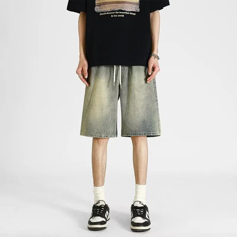 Shorts jeans masculinos, 2025 verão estilo fino retro solto marca de moda americana casual calças de comprimento médio de cinco polegadas