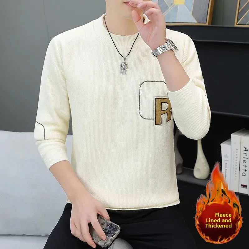 

Thickened Fleece Knitted Sweater Men's Autumn Winter New Style round Neck One-Piece Warm Woolen Shirt Casual Comfortable Poly...