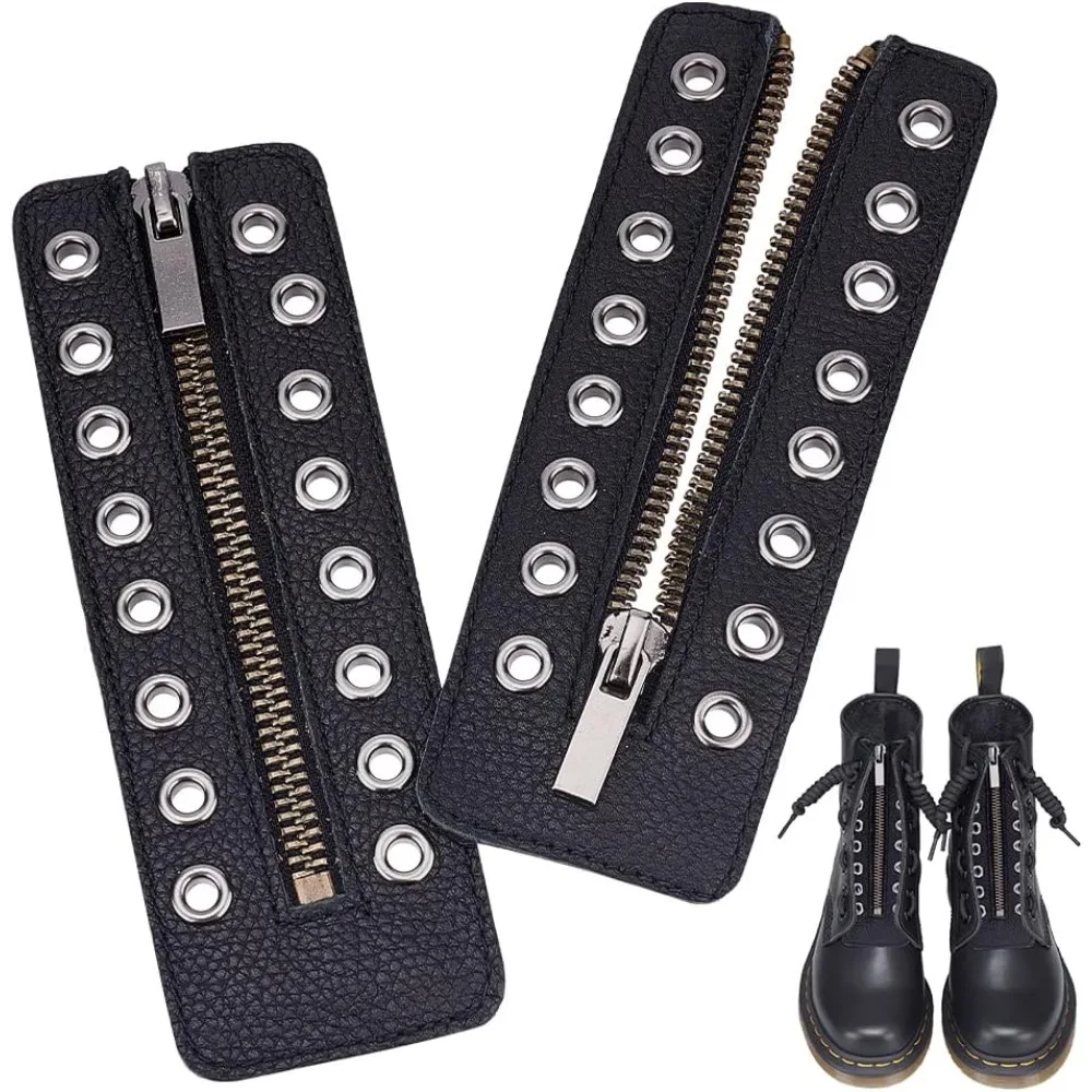 Leather Lace-in Boot Zipper Inserts, 6.1 x 2.1 Inch 8 Metal Eyelets Zipper Boot Laces Black No Tie Shoe Laces for Adults Men