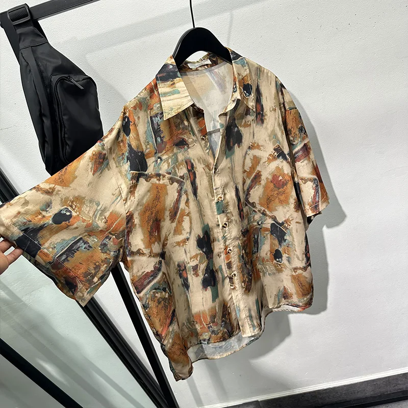 

Dark Style High-Grade Retro Tie-Dyed Distressed Shirt Men's Short Sleeve Loose Lapels Vacation Casual Fashion