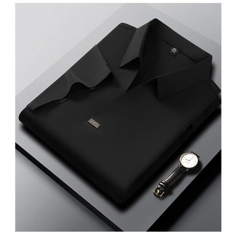 Men's Short-sleeved Polo Shirt Without Trace Men's Summer Ice Silk Middle-aged Half-sleeved Mulberry Silk Lapel No-iron T-shirt