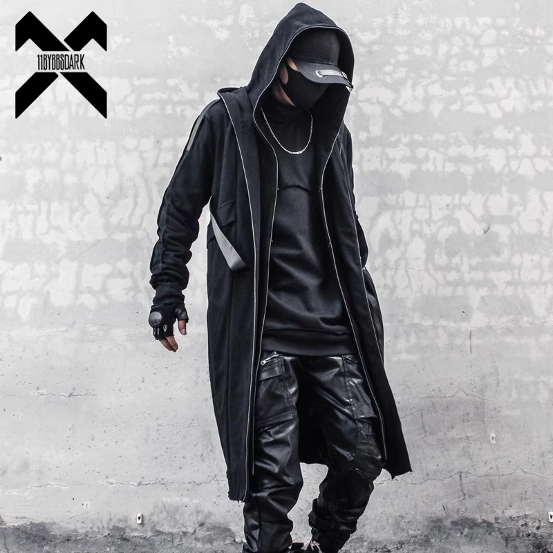 Men Fake two Trench Jacket Windbreaker Men Gothic Punk Streetwear Long Jacket Coat Function Hoody Clothes Black