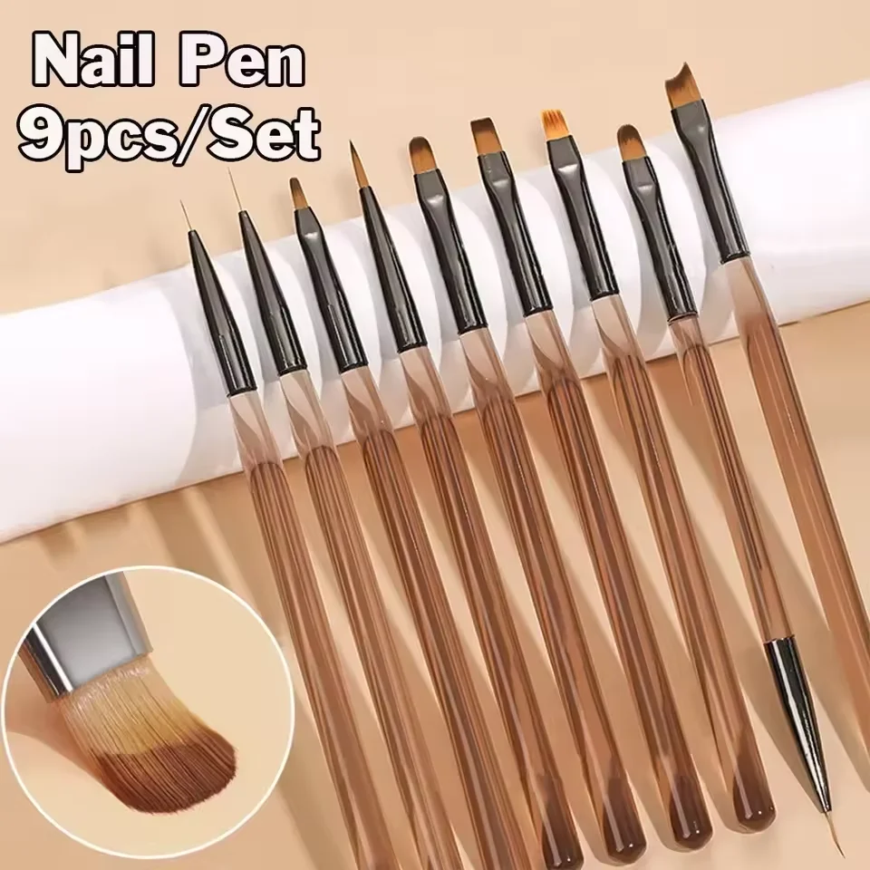 9PCS Nail Brush Set Detail Work Pens with Stylish Brown Handles for Gel Nail Art Fine Line Painting Professional Manicure Tool